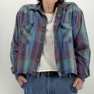 Vintage Western Cropped Pearl Snap Shirt Boxy 22in Plaid Rustler XL